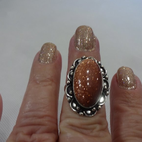 Sparkling "GOLD SUNSTONE" Handmade Sterling Ring Size 7.25 #281A - Picture 3 of 3